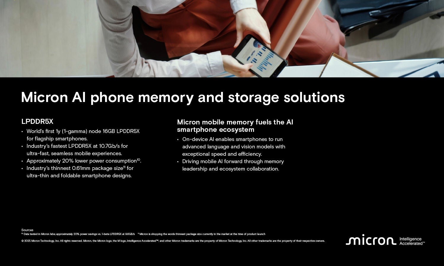 Businesswoman reviewing charts on her phone, the edge of the device stretches beyond the frame 